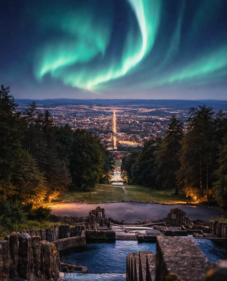 Polarlicht über den Kaskaden im Bergpark Wilhelmshöhe mit Blick auf Kassel